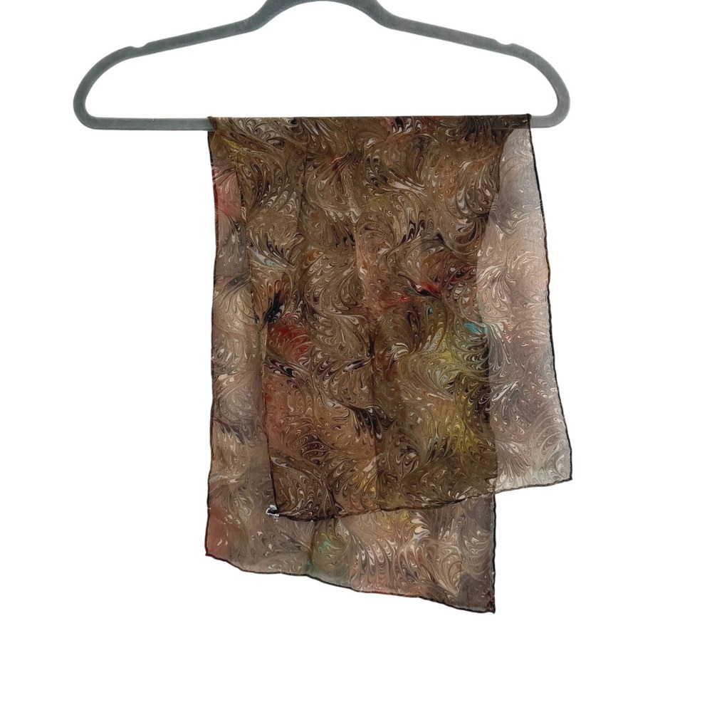 Burmel Original Vintage Silk Scarf Brown Marbled Swirl Hand Rolled Made in Japan